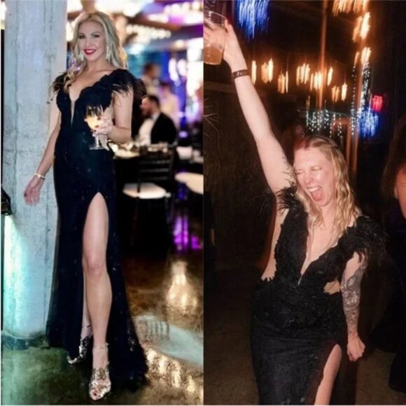 $698 Mac Duggal 67782 Size 4 Black Feather Cap Sleeve Lace Gown Long Maxi Dress - Picture 5 of 6